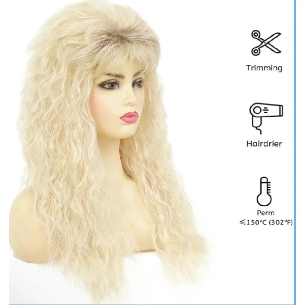 NWT Amnenl Women's Long Curly Blonde 80s Rocker Wig With Bangs Costume